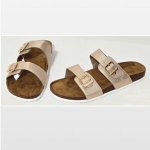 New Falls Creek Sandals Shoes Womens Slip On Gold Buckle Straps Brown Size 11